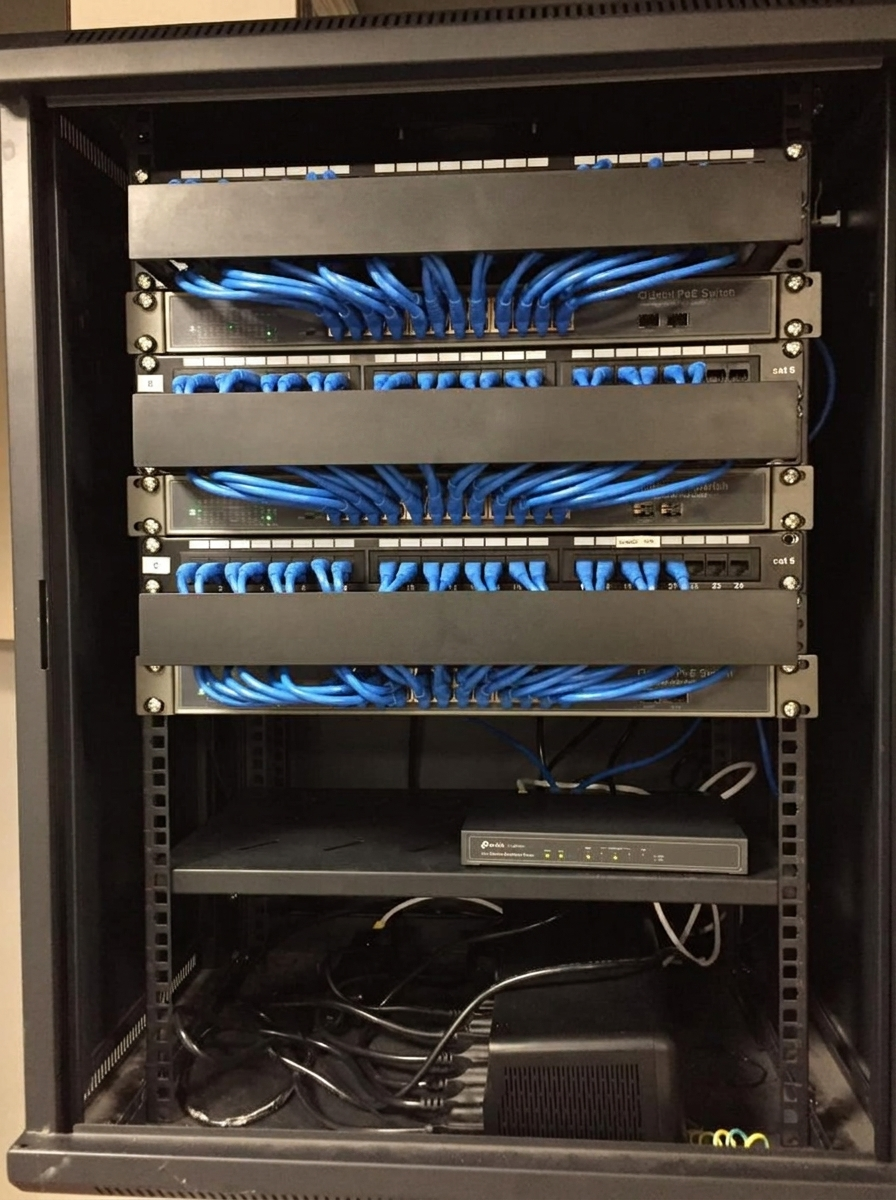 Network rack with organized blue cabling and switches